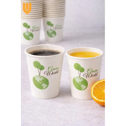 100 Vasos Cafeteria Bebidas Calientes Invierno Te Cafe 235ml Blanco Verde Natural Eco Biodegradable Compostable Sostenible Resistente Calor Antifugas Uso Cafeteria Bebidas Calientes Frias