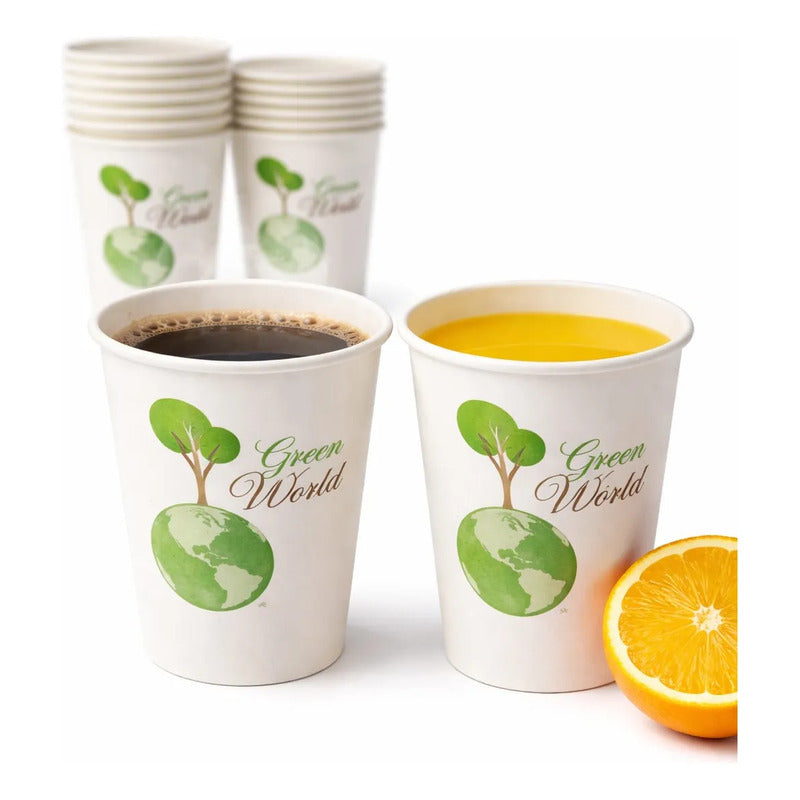 Vasos Desechable Compostables Biodegradable Café Jugo Agua X50 Unidades Blanco Verde Natural Eco Biodegradable Sustentable Diseño Limpio Consumo Responsable Cafeteria Bebidas