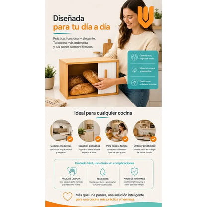 Panadera Caja Madera Bambu Tapa Enrollable Grande Multiuso Bambu Natural Beige Madera Clara Arena Nordic Organico Calido Rustico Minimalista Elegante Premium Cocina Hogar Panera Bambu Enrollable...