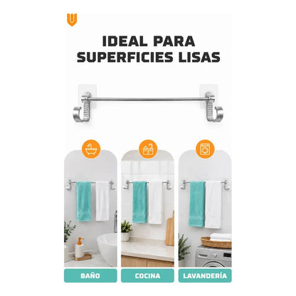 Toallero Adhesivo Baño Soporte Pared Organizador 60cm Toalla Toallero Adhesivo Baño 60cm Aluminio Plateado Porta Toalla Barra Pared Sin Taladro Dos Ganchos Organizador Moderno Mural 8,5x60cm