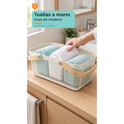 Canasta Organizadora Metal Blanco Asas Madera 40x24x19 Cm Blanco Canasta Organizadora Canasto Cesta Metal Asas Madera Malla Romboidal Orden Textiles Frutas Cocina Baño Clóset
