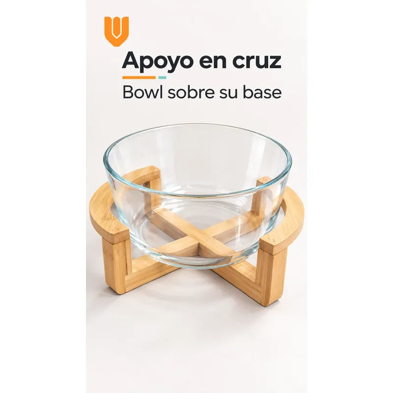 Bowl Vidrio Ensaladera Redonda Base Madera Bambu 18cm Transparente Base Bambu Bowl Redondo Vidrio Transparente Base Bambú Natural Soporte Cruzado Ensaladera Mesa Cocina 18cm
