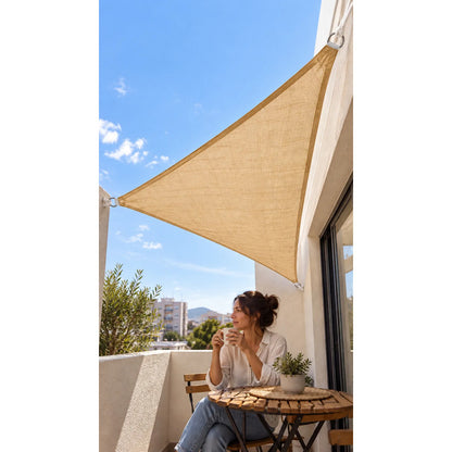Toldo Vela Sombra Lona Cubierta Terraza Jardín 1.90x3 Metros Beige Arena Claro Dorado Suave Tonalidad Cálida Bordes Costuras Al Tono Cintas Cuerdas Blancas Argollas Plateadas 1.90 Largo X 3.03 Metros