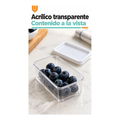 Set 6 Taper Organizadores Hermetico Tapa Conserveros Tupper Transparente Organizadores Alimentos Refrigerador Cocina Despensa Acrílico Transparente Tapas Blancas Rectangulares