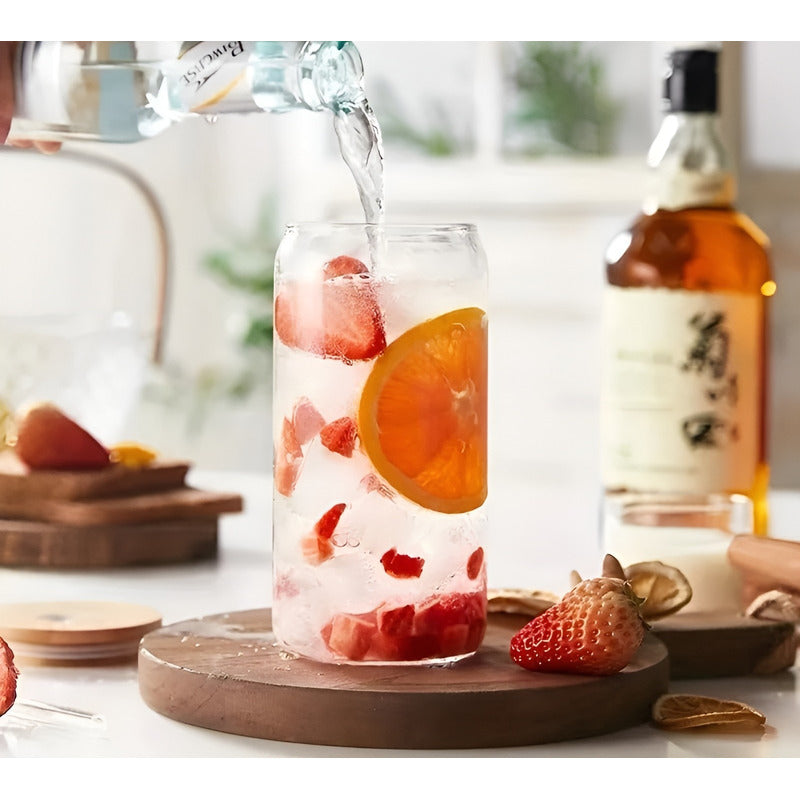 X4 Vaso Lata De Vidrio Con Bombilla Tapa De Bambu 480ml