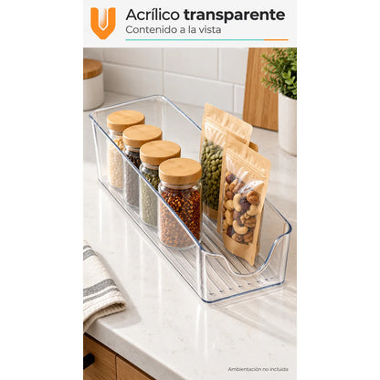 Organizador Acrílico 35cm Refrigerador Despensa Transparente Transparente Acrílico Rectangular Organizador Abierto Frente Bajo Base Acanalada Despensa Refrigerador Orden