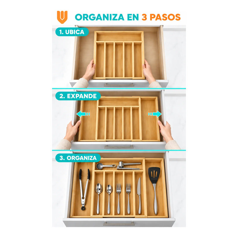 Organizador Cubiertos Cajón Bambú Expandible 8 Compartimento Organizador Cubiertos Bambú Expandible Cajón Cocina Cubertero Bandeja Ajustable Portacubiertos Utensilios Orden Hogar