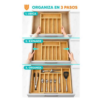 Organizador Cubiertos Cajón Bambú Expandible 8 Compartimento Organizador Cubiertos Bambú Expandible Cajón Cocina Cubertero Bandeja Ajustable Portacubiertos Utensilios Orden Hogar
