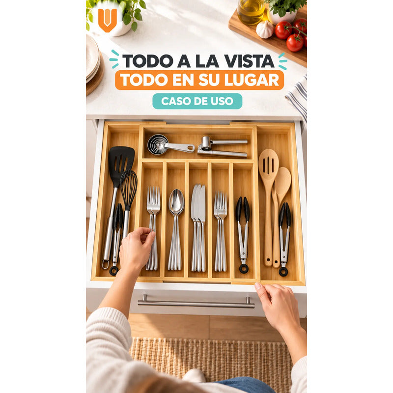 Organizador Cubiertos Cajón Bambú Expandible 8 Compartimento Organizador Cubiertos Bambú Expandible Cajón Cocina Cubertero Bandeja Ajustable Portacubiertos Utensilios Orden Hogar