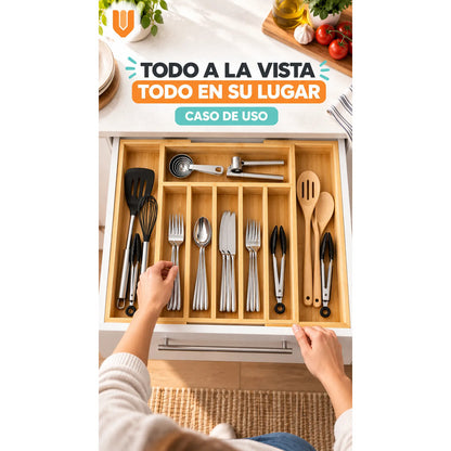 Organizador Cubiertos Cajón Bambú Expandible 8 Compartimento Organizador Cubiertos Bambú Expandible Cajón Cocina Cubertero Bandeja Ajustable Portacubiertos Utensilios Orden Hogar