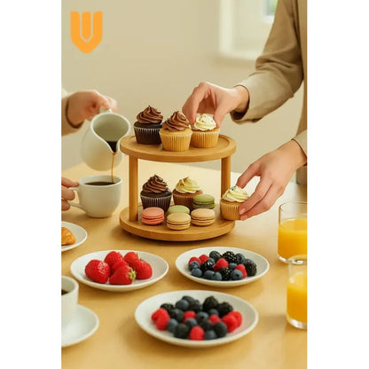Soporte Cupcakes Bambu Giratorio Organizador Dulces Estante Bambu Natural Acabado Madera Premium Elegante Moderno Decorativo Mesa Dulces Estilo Nordico Resistente Duradero Hogar