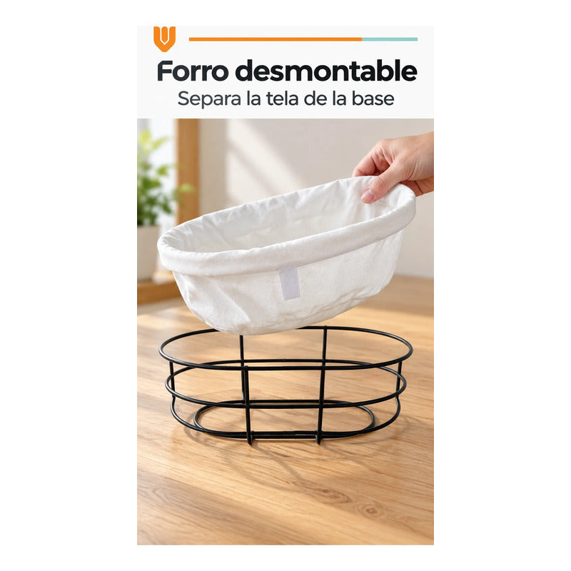Panera Canasto Tela Ovalada 29cm Base Metal Servir Pan Blanco Panera Ovalada Canasta Pan Tela Metal Negro Borde Plegado Base... 29cm