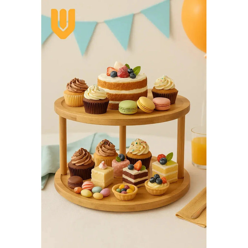 Base Cupcakes Bambu Rotatorio Exhibidor Postres Cocina Hogar Madera Bambu Claro Estilo Rustico Elegante Moderno Decorativo Mesa Postres Eventos Visual Premium Armonico Hoga