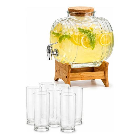 Dispensador Cristal 3.5l Bebidas + Set 6 Vasos Vidrio Altos Multicolor Transparente Vidrio Brillante Alta Claridad Tonos Bebidas Jugo Limonada Cocktail Decorativo Cocina Terraza
