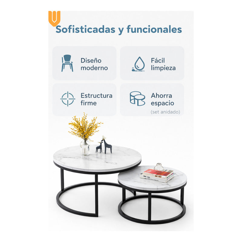 Mesa Centro Redonda Anidada Set 2 Mesas Auxiliares Madera