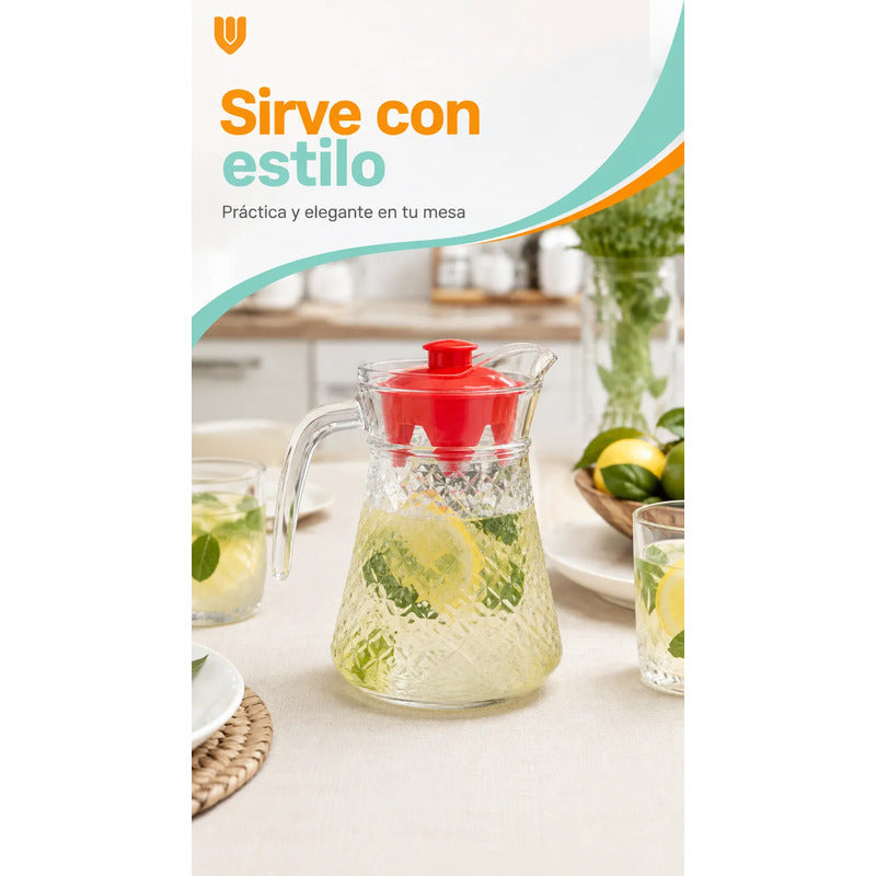 Jarra Vidrio Jugo Agua Decorativa Bebidas Cocteles Frio 1l Transparente Tapa Roja Jarra Vidrio 1 Litro Agua Jugos Bebidas Té... 1 Litro Jarra Refrigerador