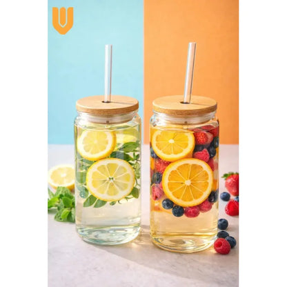 Set 2 Vasos Vidrio Cristalino 630ml Bombilla Vidrio Rigido Set 2 Vasos Vidrio Transparente Tapa Bambu Bombilla Vidrio Reutilizable Apto Lavavajillas Estilo Vintage Hogar Cocina Transparente