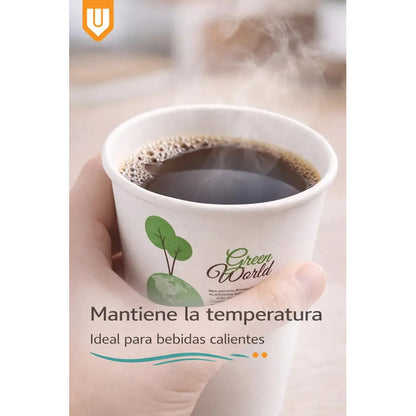 100 Vasos Cafeteria Bebidas Calientes Invierno Te Cafe 235ml Blanco Verde Natural Eco Biodegradable Compostable Sostenible Resistente Calor Antifugas Uso Cafeteria Bebidas Calientes Frias