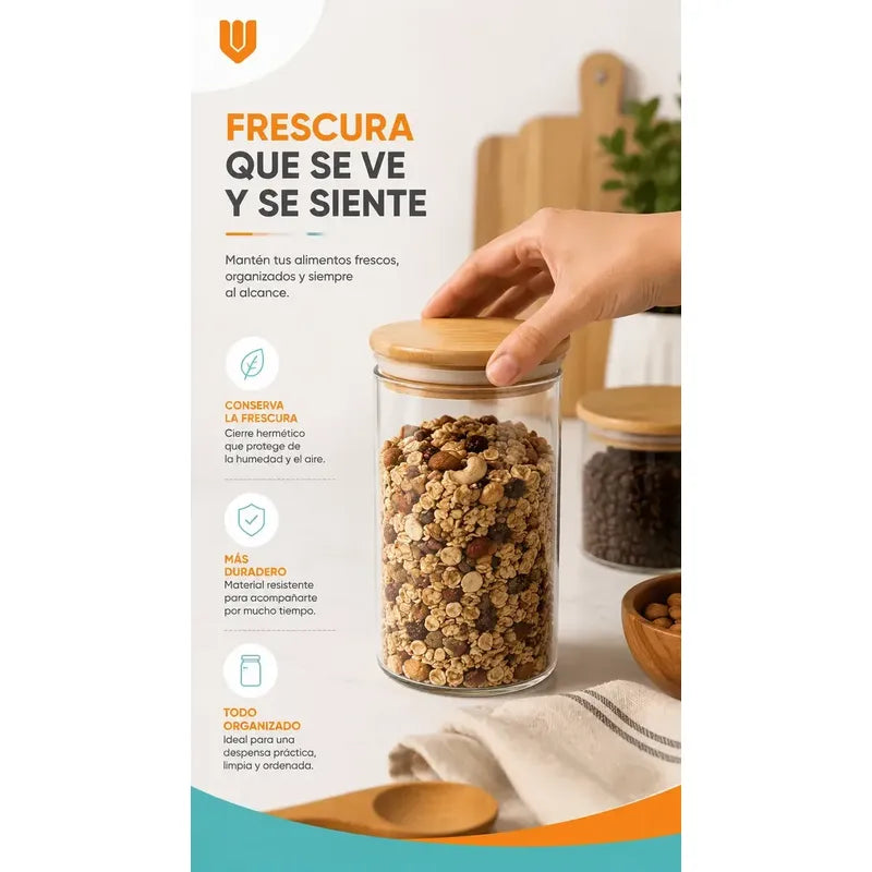 Frasco Vidrio Cocina Hermetico Cilindrico Tapa Bambu 250 Ml 8 Unidades