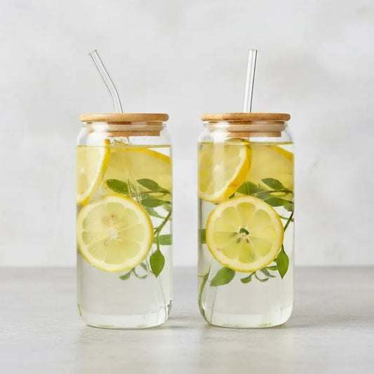 Set 2 Vasos Vidrio 630ml Bombilla Cristal Tapa Bambu Disfruta Bebidas Frias Jugo Te Cafe Refrescos Estilo Natural Vintage Mesa Moderna Hogar Cocina Momentos Especiales Familia Amigos