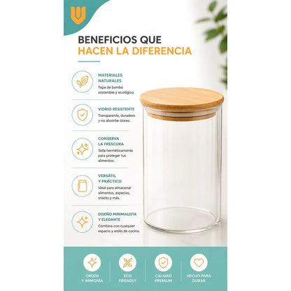 Frasco Hermético Contenedor Vidrio Tapa Bambu Gourmet 200 Ml Transparente Natural Bambú Cristal Claro Minimalista Cocina Gourmet Organizacion Moderna Elegante Premium Hogar