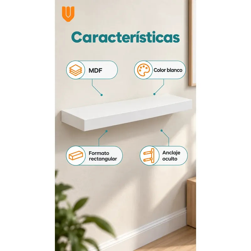 Repisa Flotante Rectangular 60cm Mdf Blanca Estante Pared Blanco Repisa Flotante Blanca Mdf Estante Mural Soporte Oculto Decoración Organización Hogar Dormitorio Living Oficina 60cm