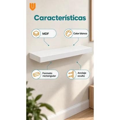 Repisa Flotante Rectangular 60cm Mdf Blanca Estante Pared Blanco Repisa Flotante Blanca Mdf Estante Mural Soporte Oculto Decoración Organización Hogar Dormitorio Living Oficina 60cm