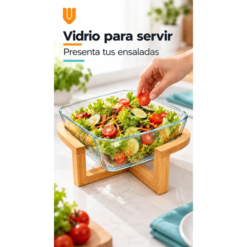Bowl Vidrio Ensaladera Cuadrada Base Madera Bambu 20cm Transparente Base Bambu Bowl Cuadrado Vidrio Transparente Base Bambú Natural Soporte Cruzado Ensaladera Mesa Cocina 20cm