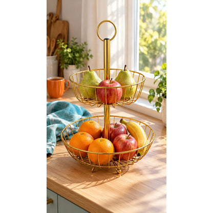 Frutero Mesa Hierro Dorado 2 Niveles 43cm Canasto Cestas Dorado Frutero Doble Dorado Dos Niveles Cestas Circulares Abiertas Soporte Central Argolla Superior Alto 43cm Diseño 43x28