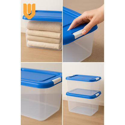 Caja Organizadora Almacenamiento Transparente Aplilable 28 L Transparente Tapa Azul Organizadora