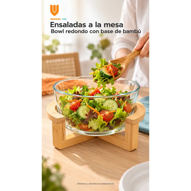 Bowl Vidrio Ensaladera Redonda Base Madera Bambu 18cm Transparente Base Bambu Bowl Redondo Vidrio Transparente Base Bambú Natural Soporte Cruzado Ensaladera Mesa Cocina 18cm