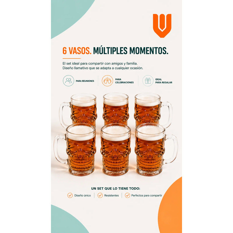 6 Vasos Chopero Calavera Vidrio Premium Whisky Bar Fiesta Tr Transparente