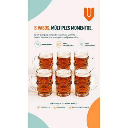 6 Vasos Chopero Calavera Vidrio Premium Whisky Bar Fiesta Tr Transparente