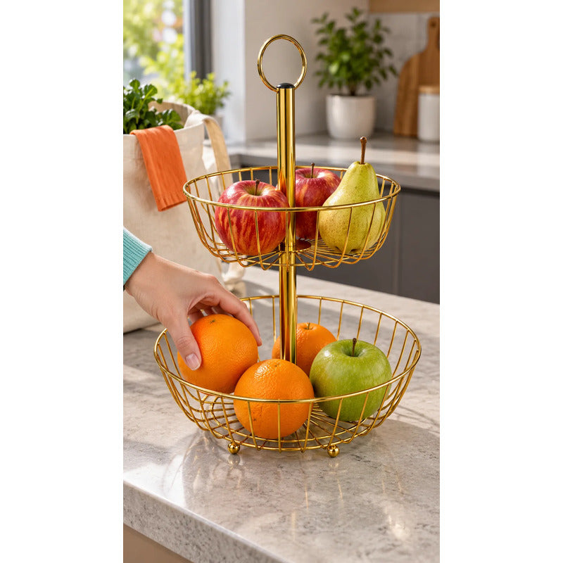 Frutero Mesa Hierro Dorado 2 Niveles 43cm Canasto Cestas Dorado Frutero Doble Dorado Dos Niveles Cestas Circulares Abiertas Soporte Central Argolla Superior Alto 43cm Diseño 43x28