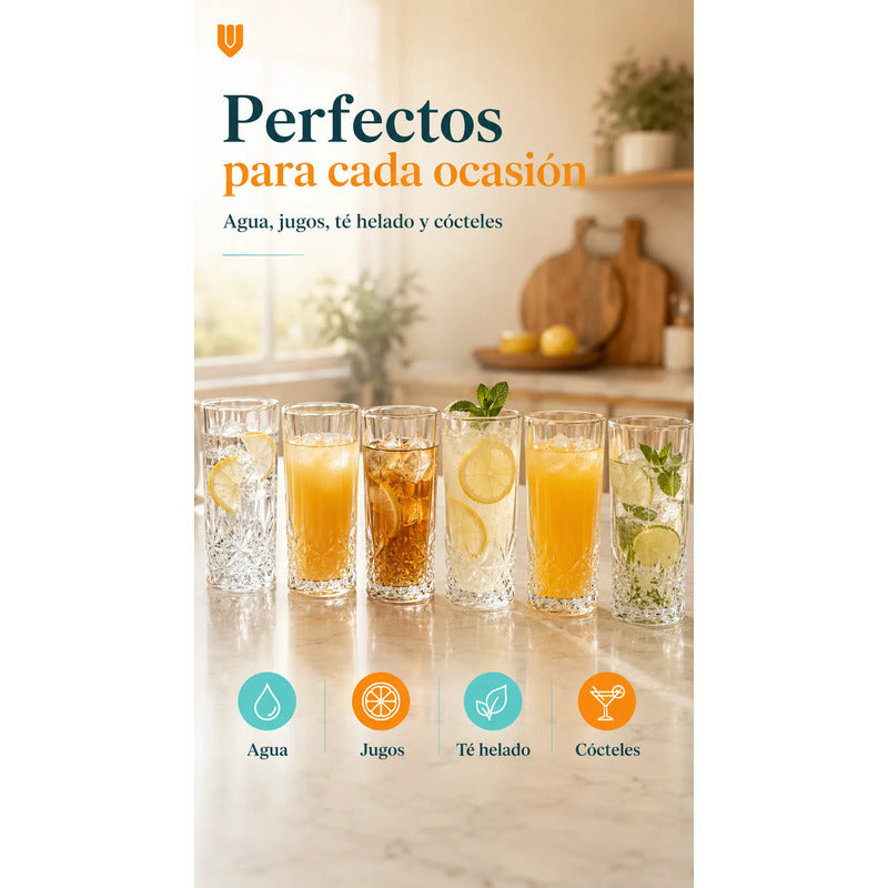 Set 6 Vasos Vidrio Altos 300 Ml Diseño Diamante Transparente Transparente Cristal Vidrio Claro Elegante Brillante Vaso Alto Set 6 Cócteles Jugos Bebidas Cocina Hogar Bar Uso