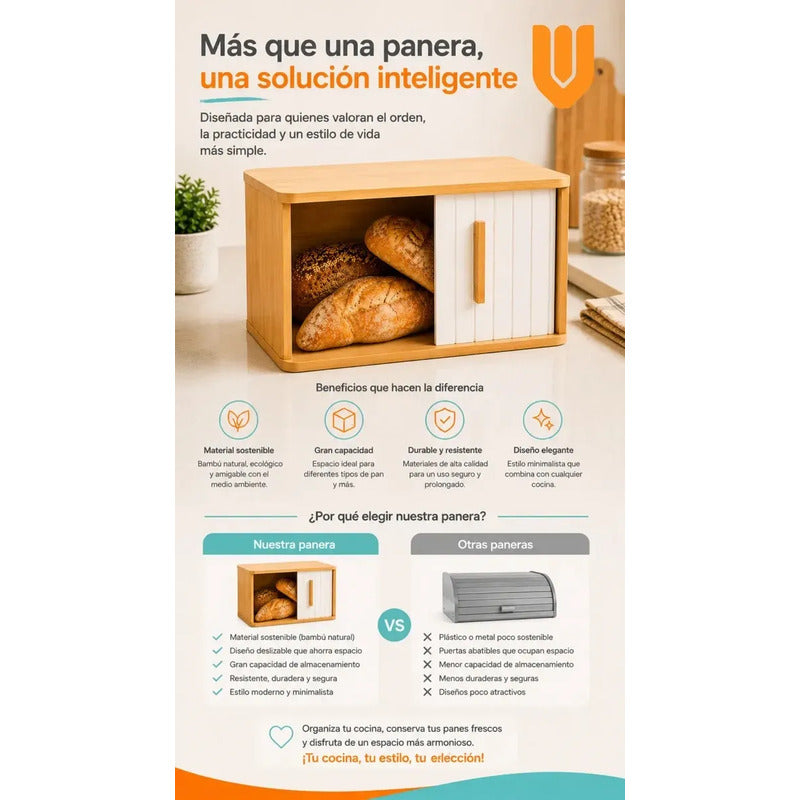 Panadera Caja Madera Bambu Tapa Enrollable Grande Multiuso Bambu Natural Beige Madera Clara Arena Nordic Organico Calido Rustico Minimalista Elegante Premium Cocina Hogar Panera Bambu Enrollable...