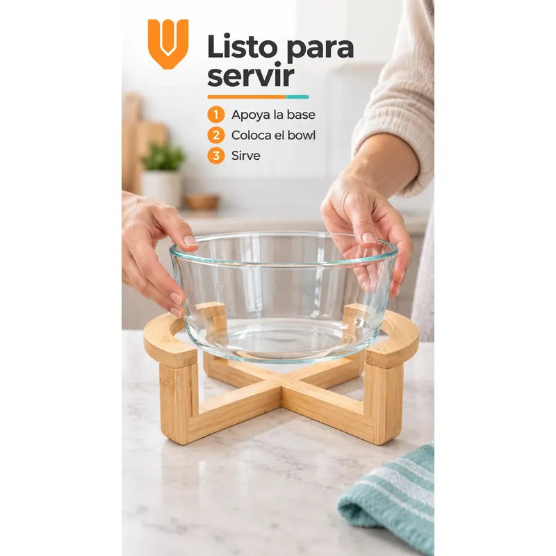 Bowl Vidrio Ensaladera Redonda Base Madera Bambu 18cm Transparente Base Bambu Bowl Redondo Vidrio Transparente Base Bambú Natural Soporte Cruzado Ensaladera Mesa Cocina 18cm