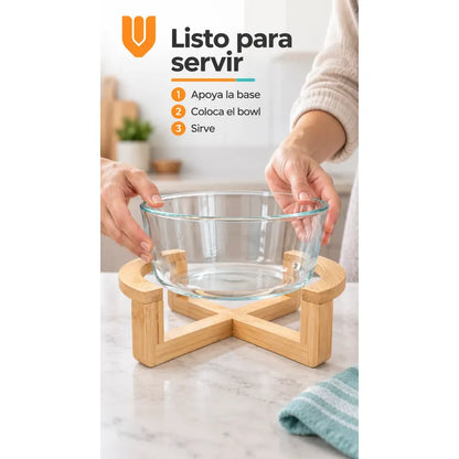 Bowl Vidrio Ensaladera Redonda Base Madera Bambu 18cm Transparente Base Bambu Bowl Redondo Vidrio Transparente Base Bambú Natural Soporte Cruzado Ensaladera Mesa Cocina 18cm