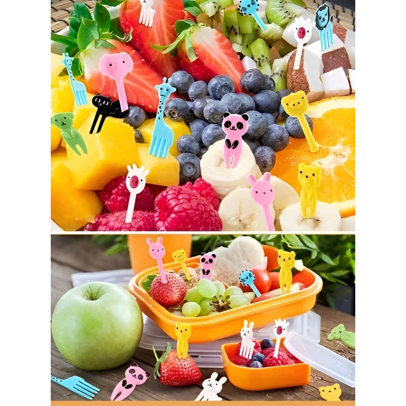 Set De 10 Mini Tenedores Pinchos Animales Lonchera Niños Mango Colores