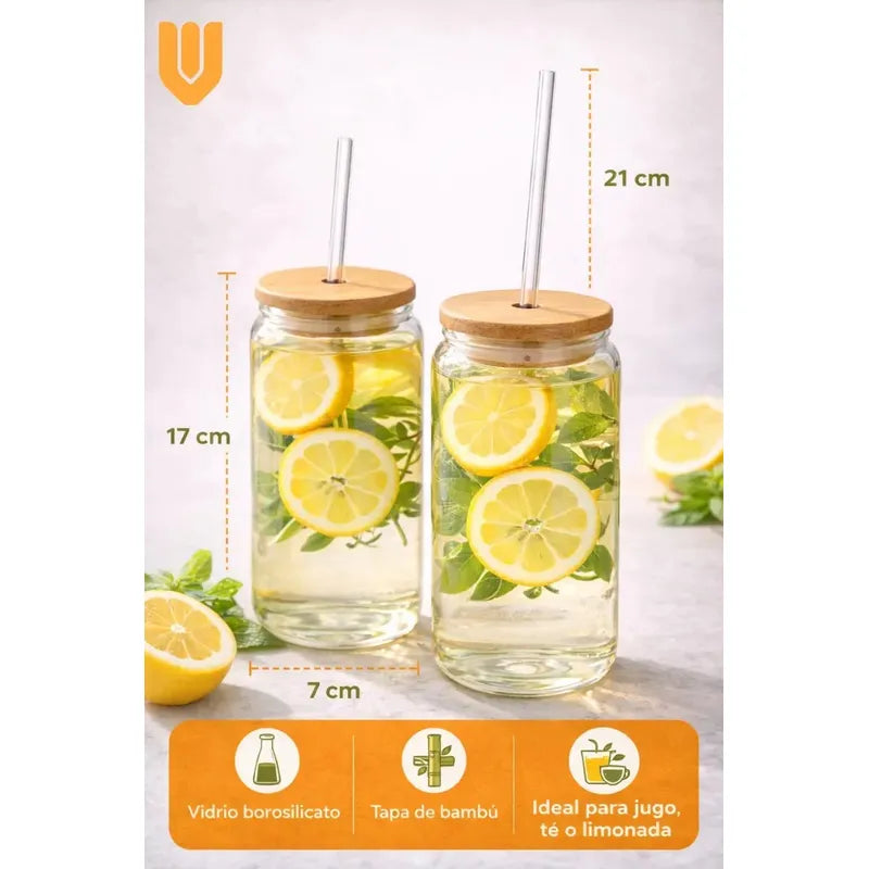 Set 2 Vasos Vidrio Cristalino 630ml Bombilla Vidrio Rigido Set 2 Vasos Vidrio Transparente Tapa Bambu Bombilla Vidrio Reutilizable Apto Lavavajillas Estilo Vintage Hogar Cocina Transparente