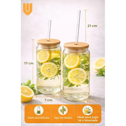 Set 2 Vasos Vidrio Cristalino 630ml Bombilla Vidrio Rigido Set 2 Vasos Vidrio Transparente Tapa Bambu Bombilla Vidrio Reutilizable Apto Lavavajillas Estilo Vintage Hogar Cocina Transparente