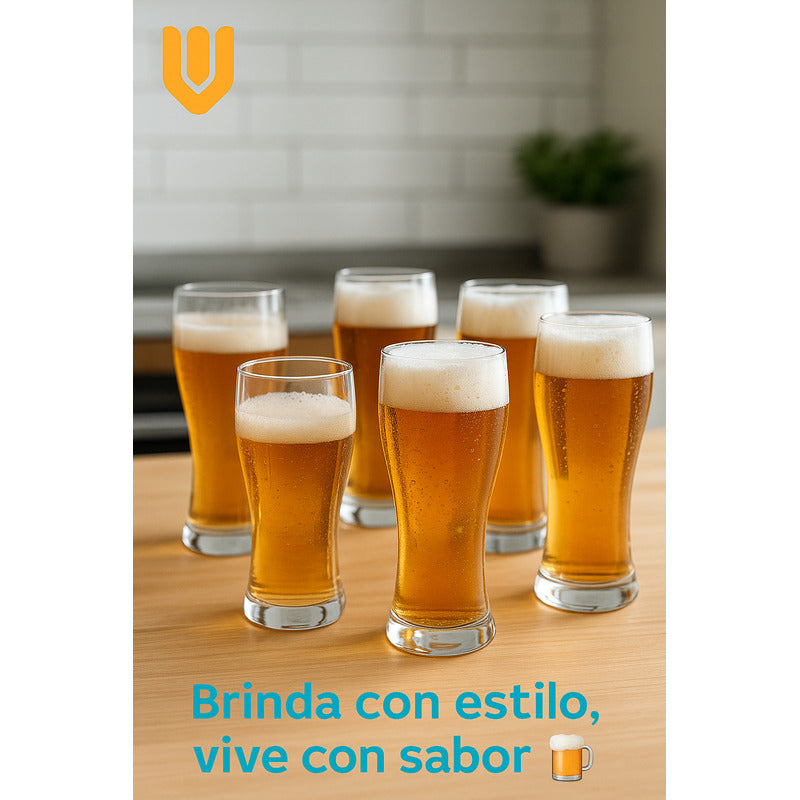 Set 6 Vasos Cerveceros Vidrio 710 Ml Diseño Ergonomico Calid