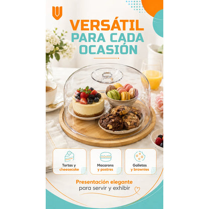 Base Torta Porta Cupcakes Soporte Transportador Dulces Bambú Natural Base Madera Clara Tapa Acrílico Transparente Sin Bolita Superior Porta Torta Cupcakes Dulces Eventos Hogar
