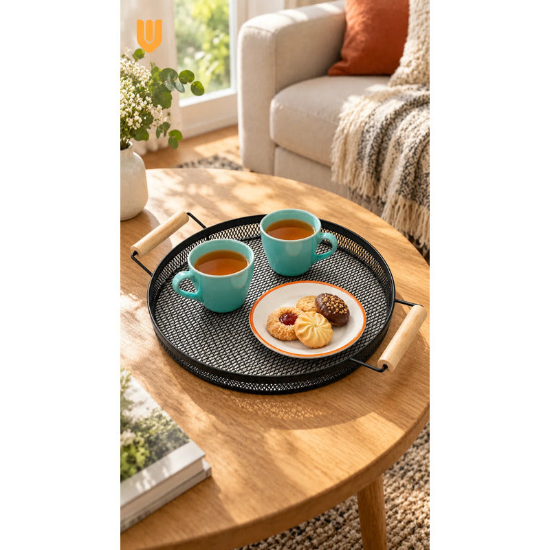 Bandeja Circular Metal Negro Asas Madera Desayuno 28cm Negro Bandeja Circular Redonda Malla Metal Asas Madera Base Calada Borde Bajo Servicio Desayuno Once Café Té Cocina 28cm