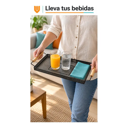 Bandeja Rectangular Metal Negro Asas Madera Desayuno 44cm Negro Bandeja Rectangular Malla Metal Asas Madera Base Calada Borde Elevado Servicio Desayuno Once Café Cocina Comedor 44cm-color Negro