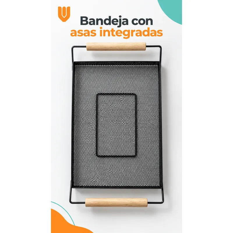 Bandeja Rectangular Metal Negro Asas Madera Desayuno 44cm Negro Bandeja Rectangular Malla Metal Asas Madera Base Calada Borde Elevado Servicio Desayuno Once Café Cocina Comedor 44cm-color Negro