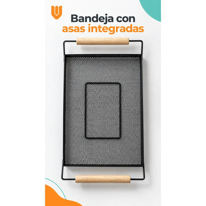 Bandeja Rectangular Metal Negro Asas Madera Desayuno 44cm Negro Bandeja Rectangular Malla Metal Asas Madera Base Calada Borde Elevado Servicio Desayuno Once Café Cocina Comedor 44cm-color Negro