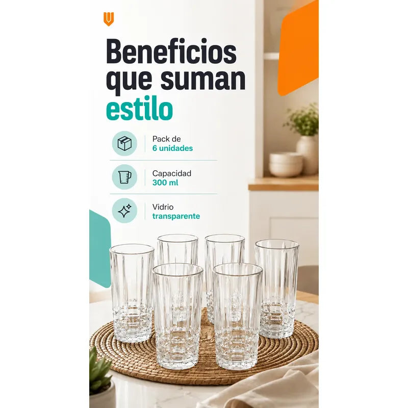 Set Vasos Vidrio Jugo Bebida Transparente Cristal 300 Ml Transparente Cristalino Vidrio Incoloro Brillante Elegante Neutro Cocina Comedor Jugos Bebidas Cocteles Pack 6 Vasos 300 Ml