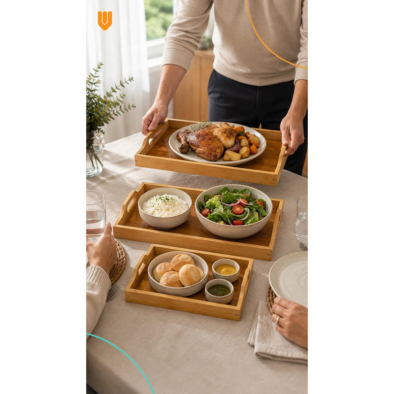 Set 3 Bandejas Asas Bambú Desayuno Servir Rectangulares Set 3 Bandejas Asas Rectangulares Asas Laterales Bordes Diseño Calado Apilables Servicio Hogar Cocina Set 3 Bandejas Asas Bambú
