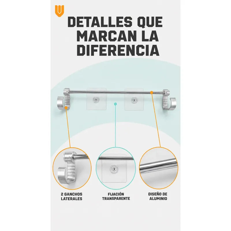 Toallero Adhesivo Baño Soporte Pared Organizador 60cm Toalla Toallero Adhesivo Baño 60cm Aluminio Plateado Porta Toalla Barra Pared Sin Taladro Dos Ganchos Organizador Moderno Mural 8,5x60cm